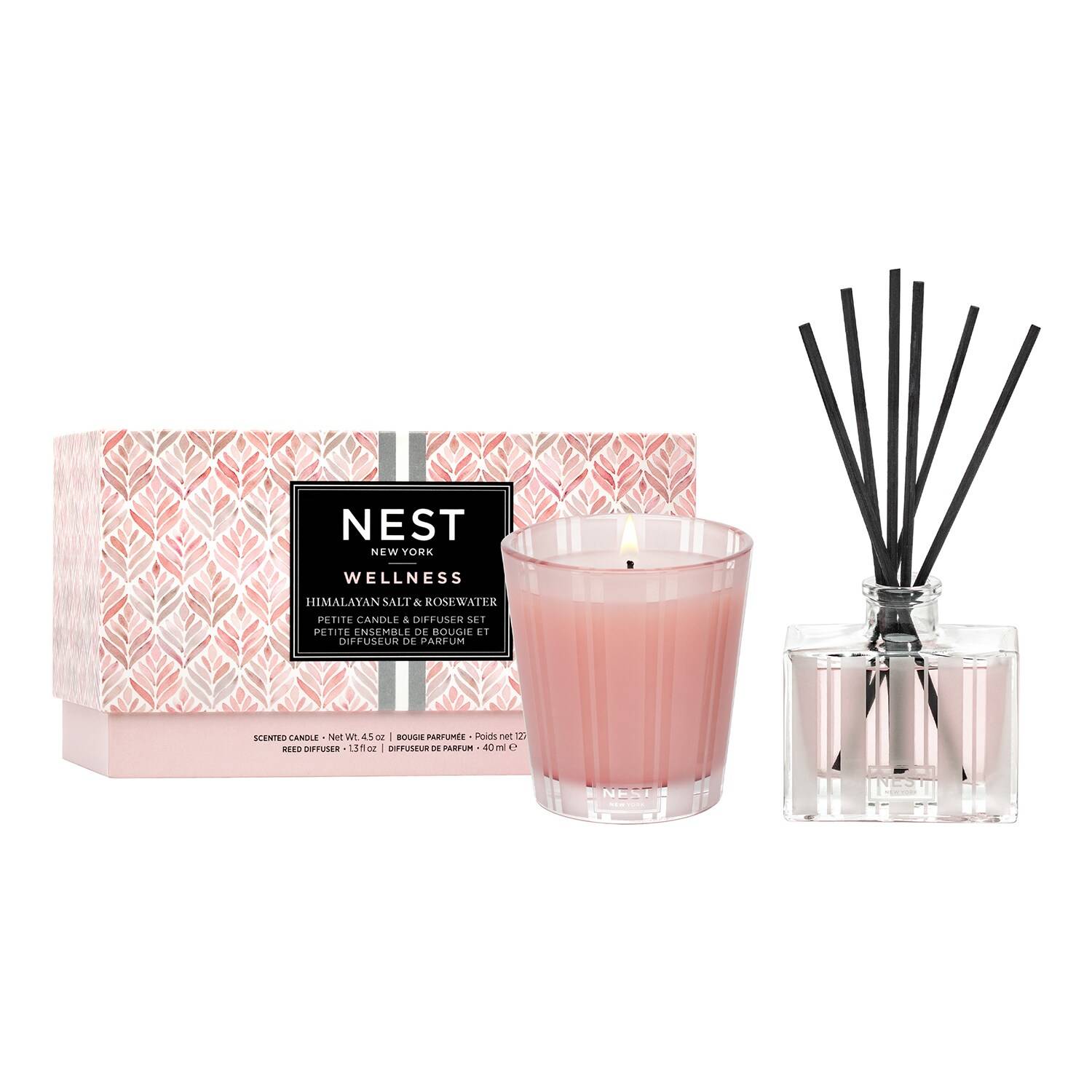 NEST New York Scented Petite Candle (4.5 Oz) & Diffuser (1.3 Fl Oz) Set, Himalayan Salt & Rosewater - Reusable Glass Vessel - Vegan