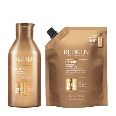 Redken All Soft Shampoo 500ml and Refill Pack 500ml Duo