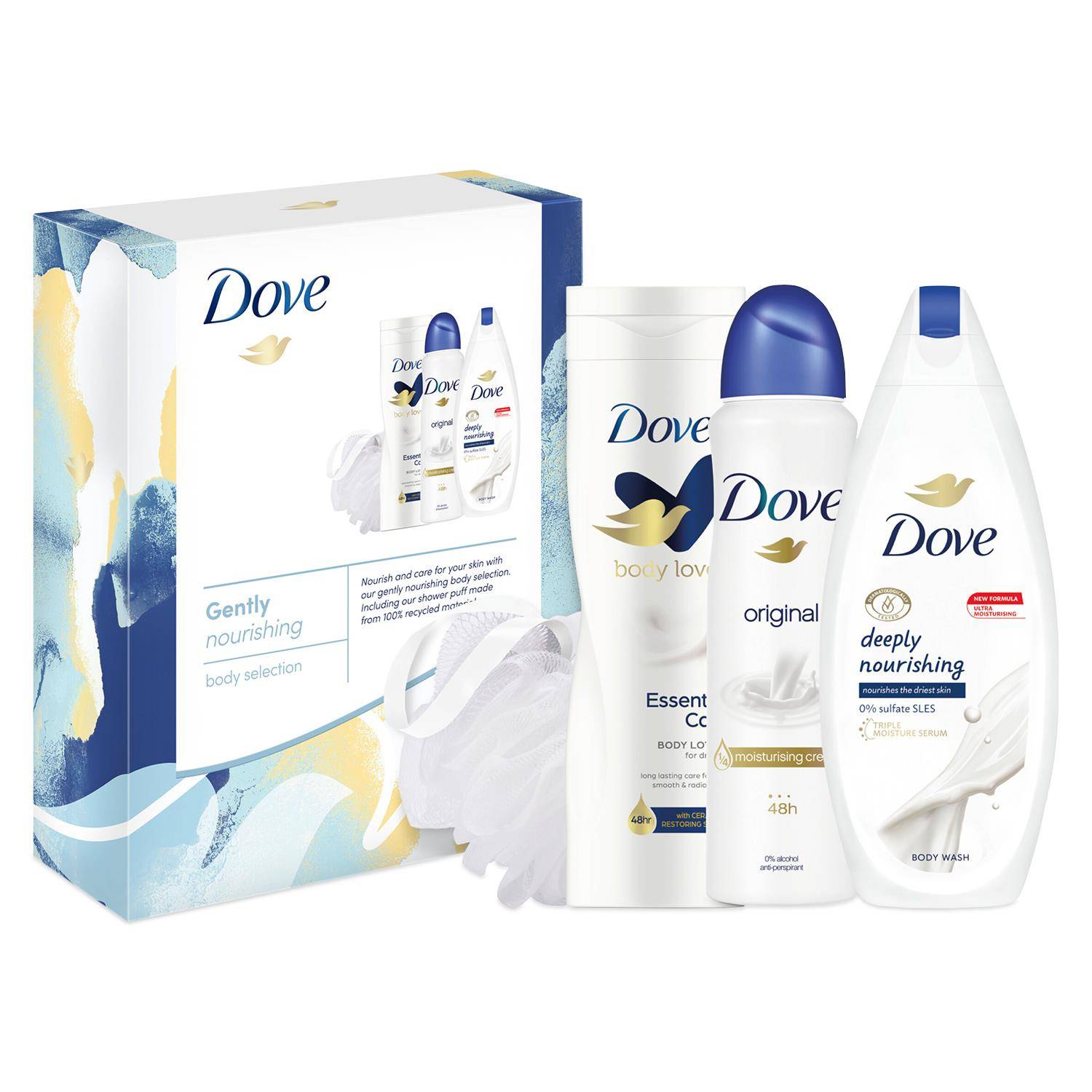 Dove Gently Nourishing Body Selection 3pcs Gift Set For Her with Shower Puff