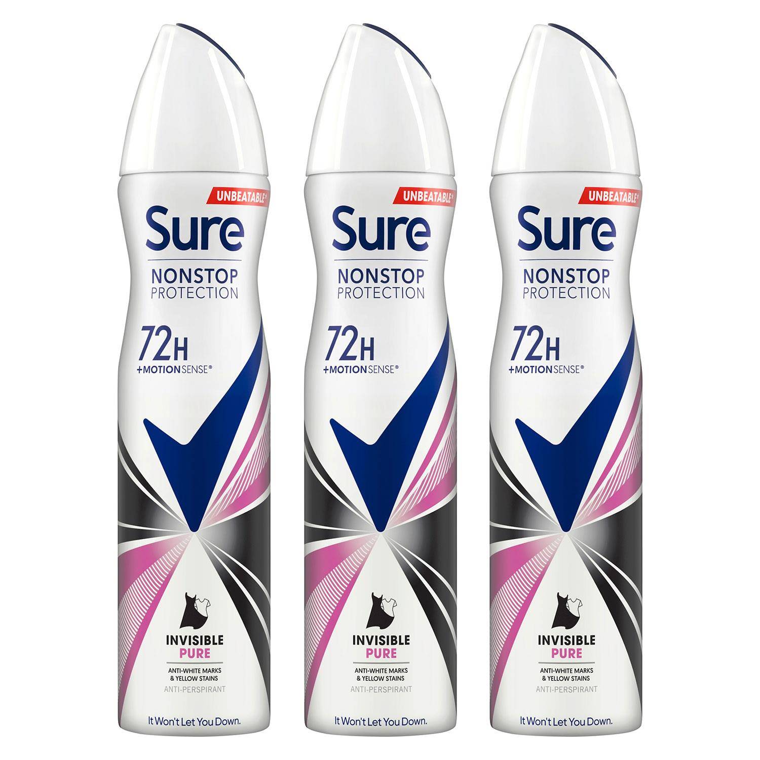 Sure Women Antiperspirant 72H Nonstop Protection Invisible Pure Deodorant 250ml; 3 Pack