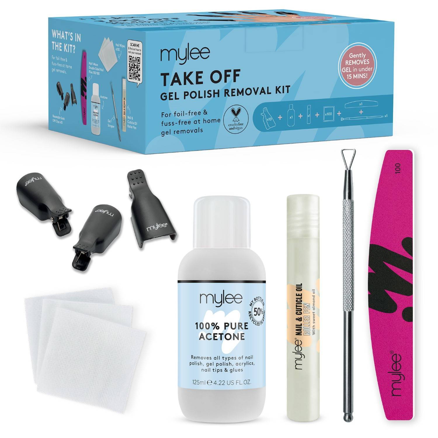 Mylee Take Off Nail Gel Polish Removal Kit - Includes Acetone; Reusable Clips; Nail Wipes; Nail File; Cuticle Oil Pen & Gel Scraper