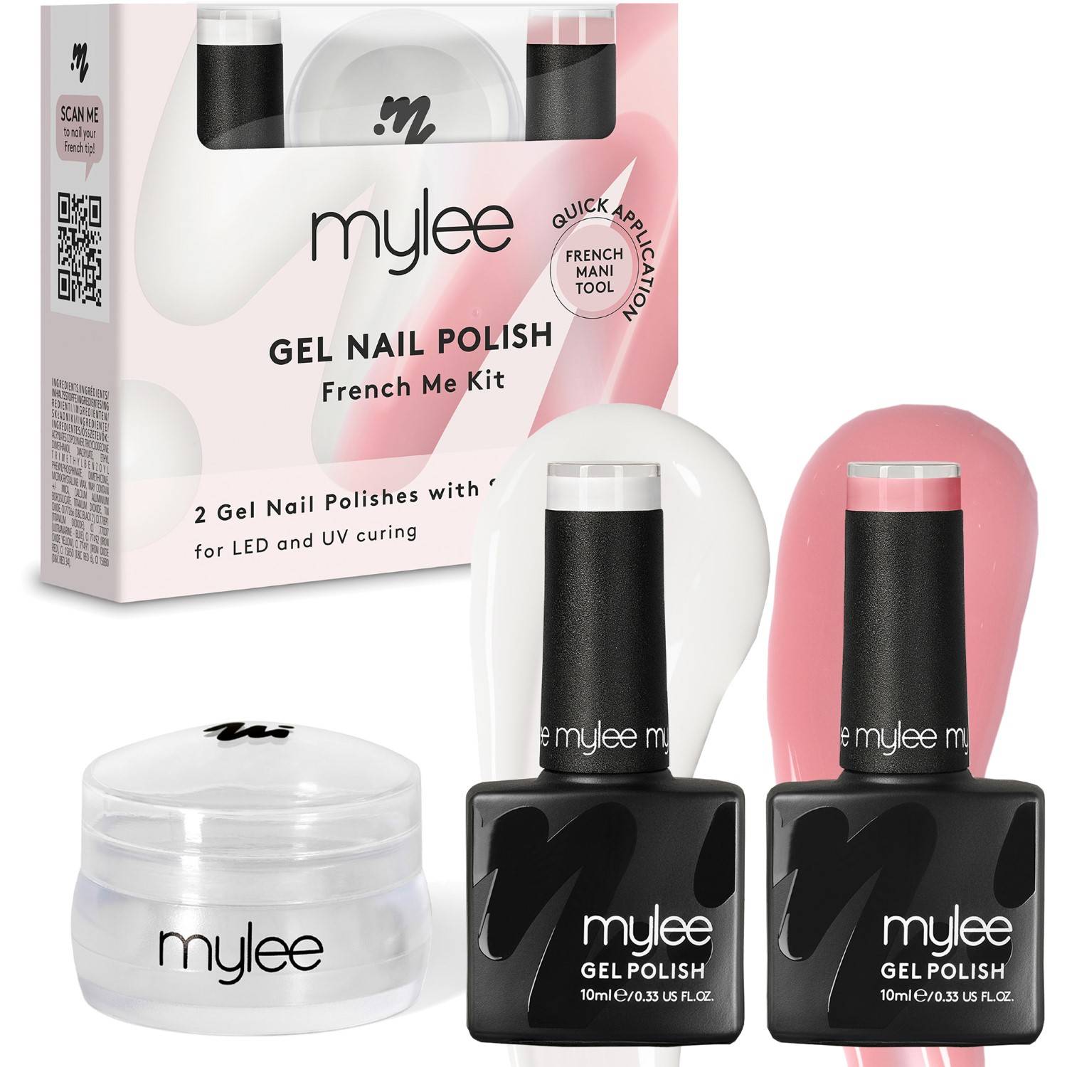 Mylee French Me Kit with Stamper - Salon Quality French Manicure at Home; Includes White & Nude Gel Nail Polish + Clear Silicone Stamping Tool
